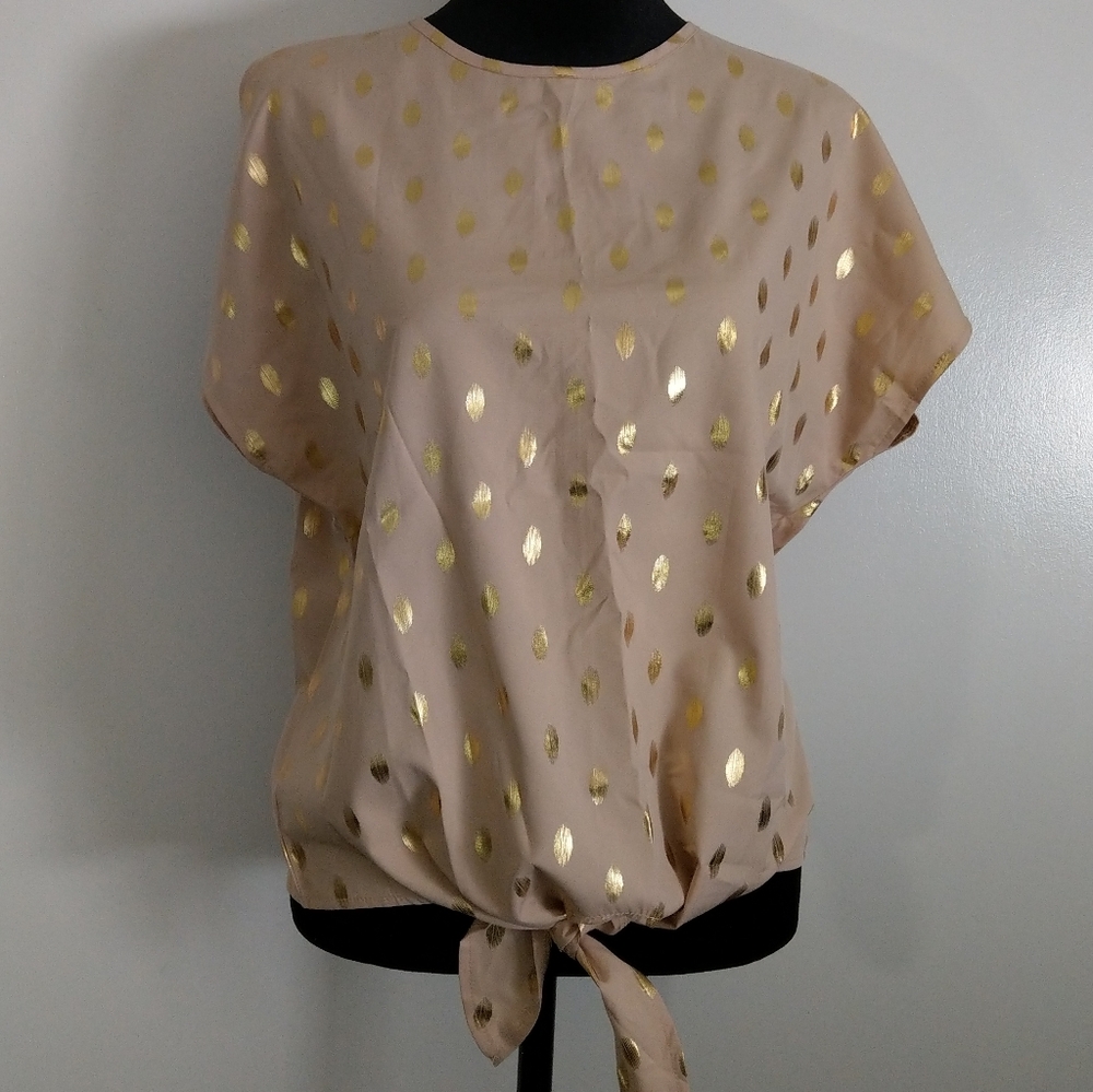 Beige Khaki Gold Polka Dot Women's Top Blouse Elegant Casual Party Fun